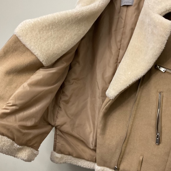 Zara Faux Fur Shearling and Suede Aviator Bomber Jacket Tan Beige Medium - Picture 7 of 13